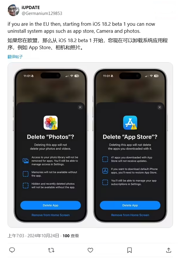 泰顺苹果手机维修分享iOS 18.2 支持删除 App Store 应用商店 