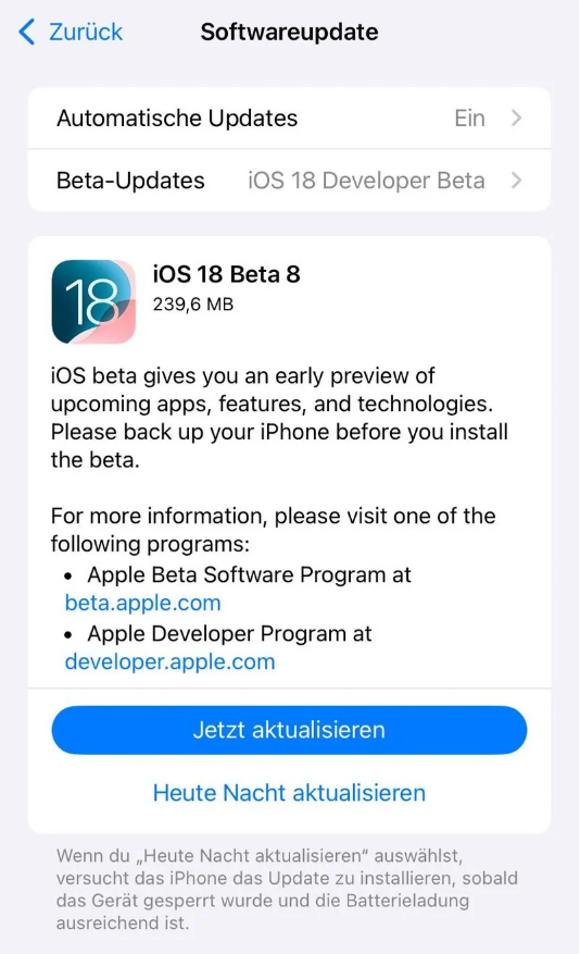 泰顺苹果手机维修分享苹果 iOS / iPadOS 18 开发者预览版 Beta 8 发布 